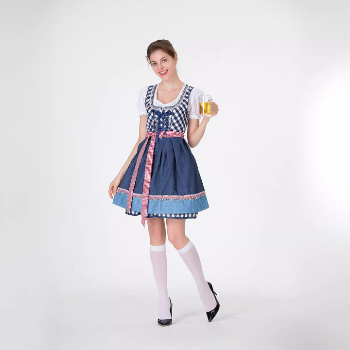 Damen nan traditionelles Trachten-Minikleid mit kariertem Schnürmieder, Puffärmelbluse und dekorativer Schürze Echo Archiv