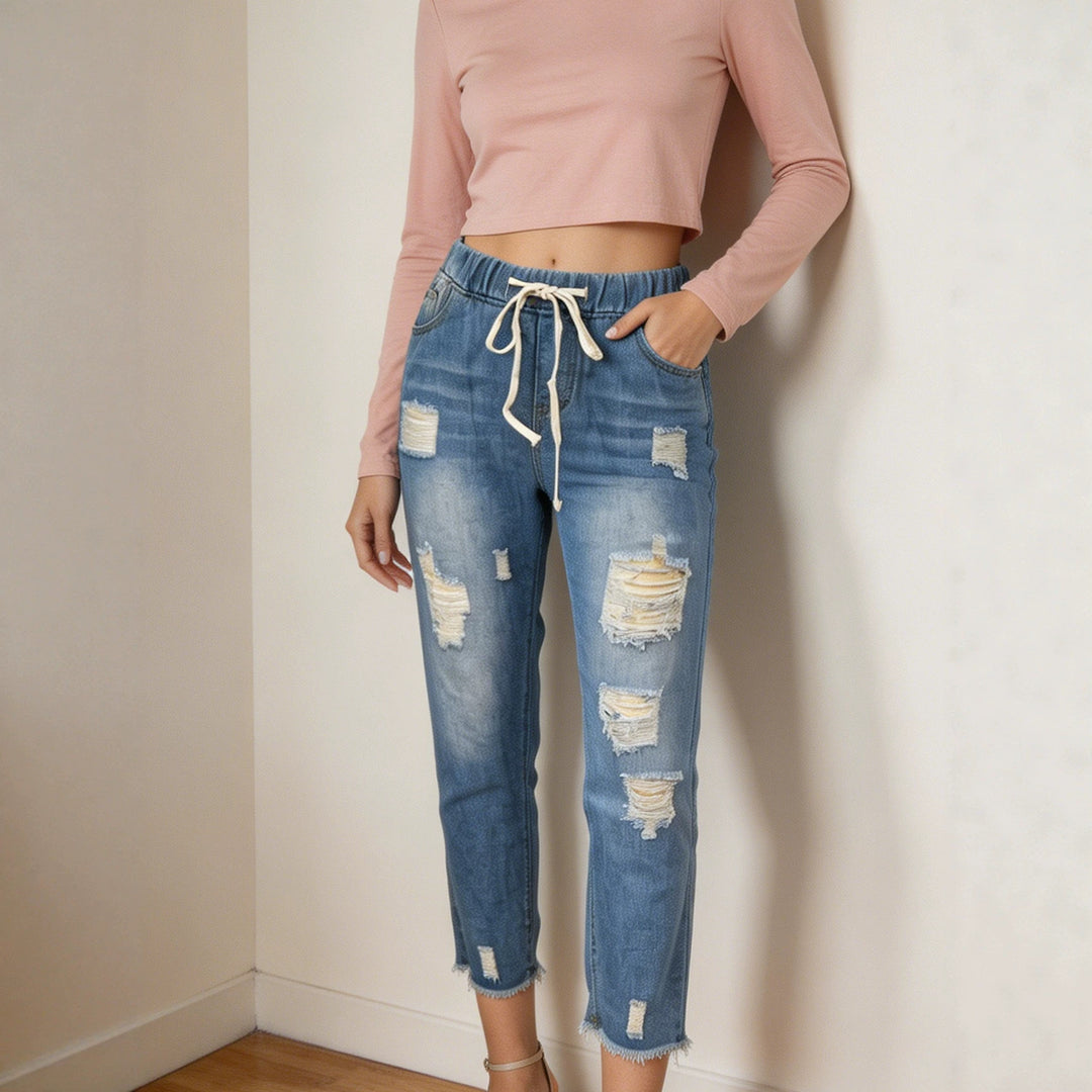Damen nan lockere Destroyed-Denim Jogger mit elastischem Kordelbund und ausgefranstem Knöchelabschluss Echo Archiv