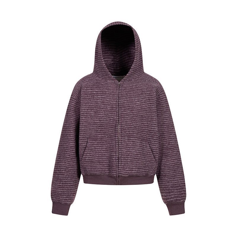 Damen Kurz geschnittene Kapuzen‑Zipjacke mit horizontalem Streifenrelief und elastischem Bund Echoarchiv