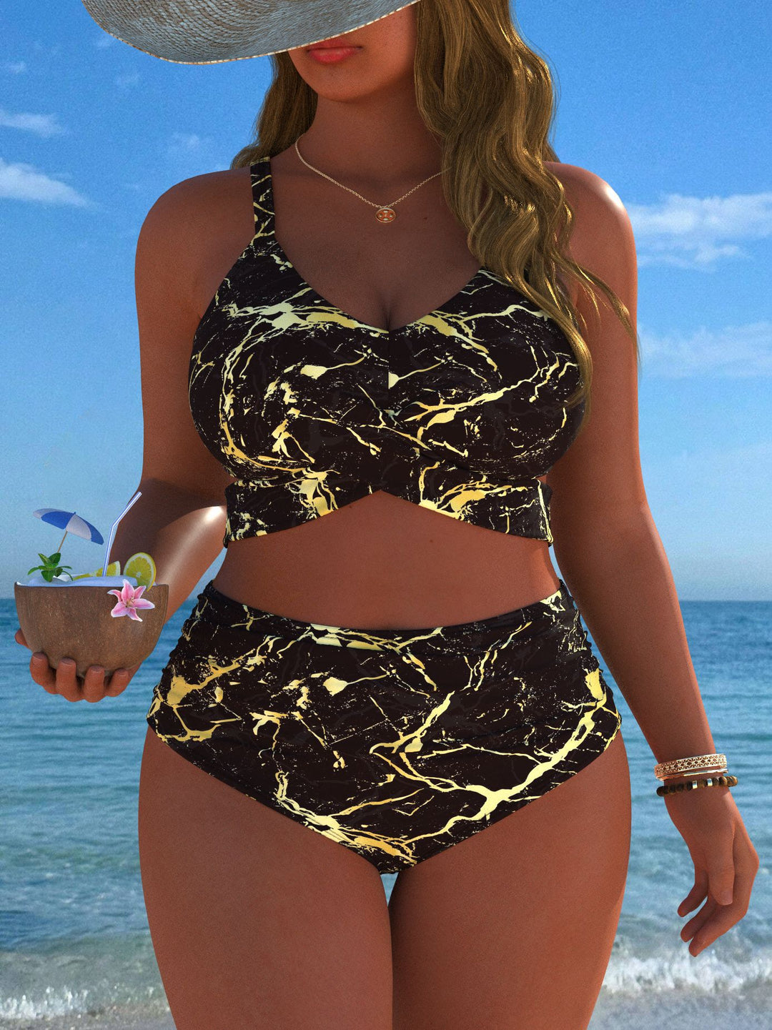 Damen Bikini-Set mit stylischem Marmormuster und hohem Taillenschnitt Echo Archiv
