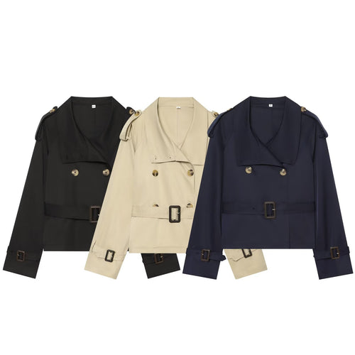 Damen Kurztrench im Boxy‑Stil mit doppelreihigem Verschluss, Schnallenärmeln und Taillengürtel Echo Archiv