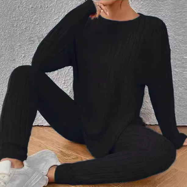 Damen Geripptes Relax‑Zweiteiler aus Feinstrick mit Rundhalsausschnitt und Slim‑Jogger – Élanora