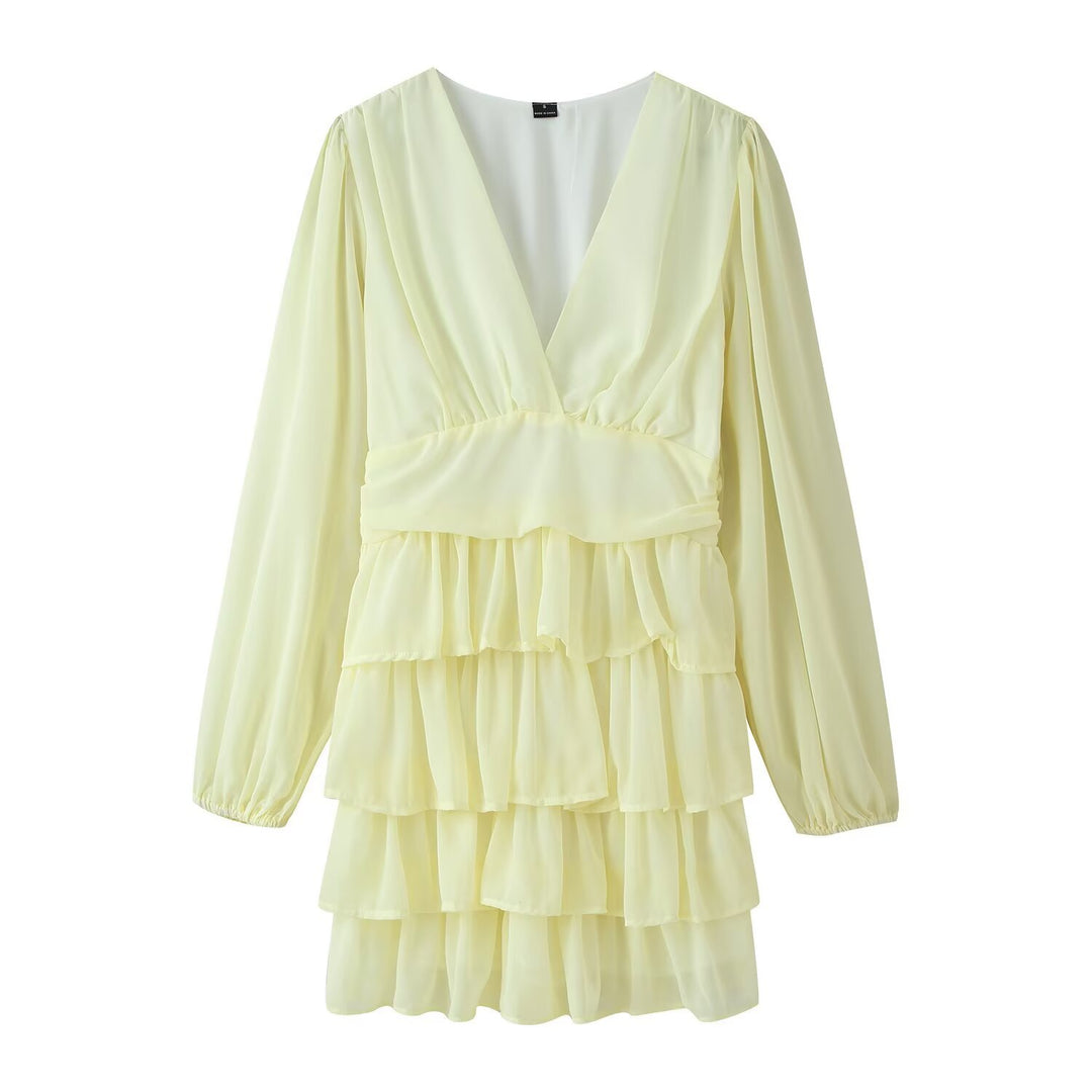 Damen Chiffon‑Minikleid mit V‑Ausschnitt, langen Ärmeln und mehrlagigen Volants Echo Archiv