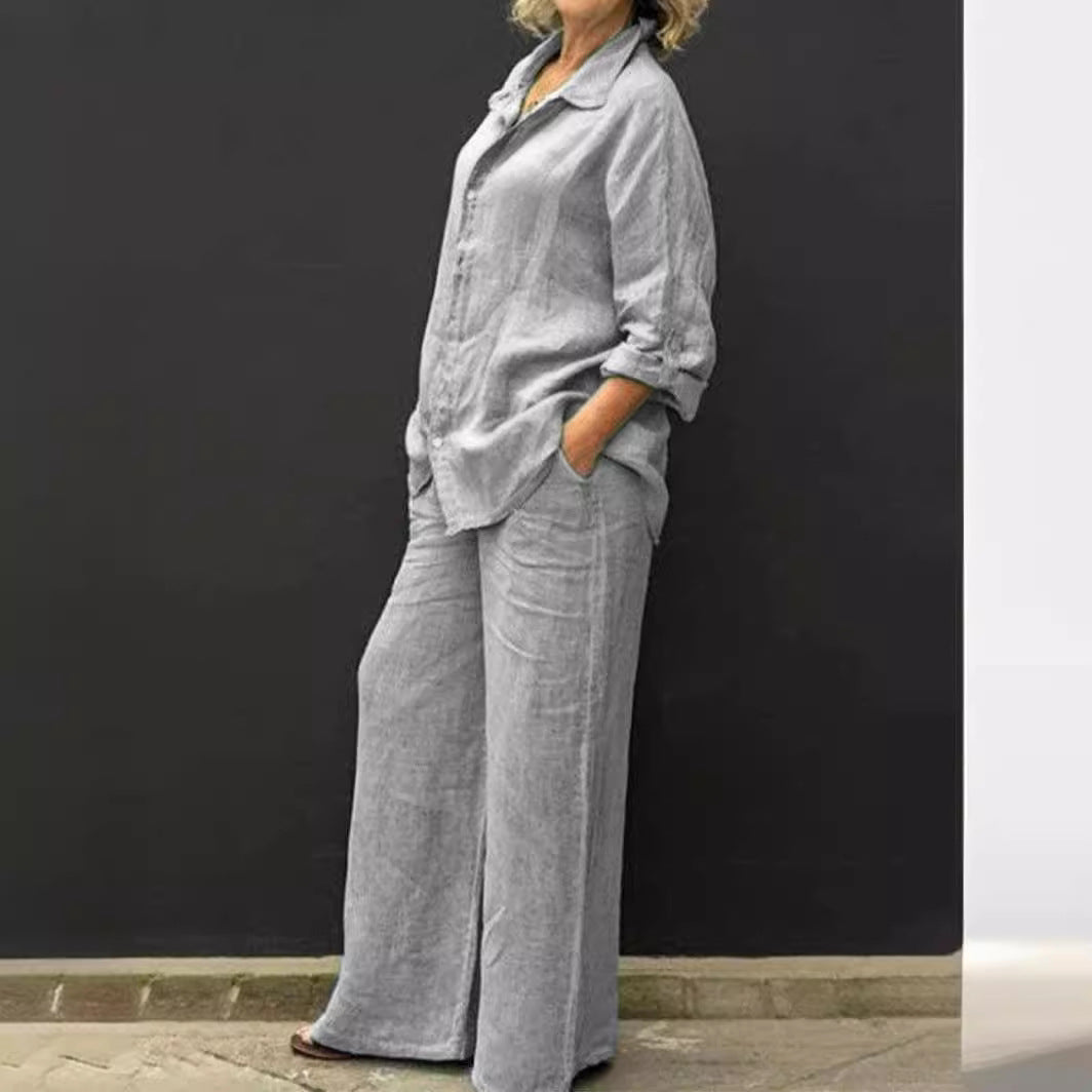 Damen Entspanntes Leinen-Set mit Oversize-Hemd und weiter Palazzo-Hose Echo Archiv