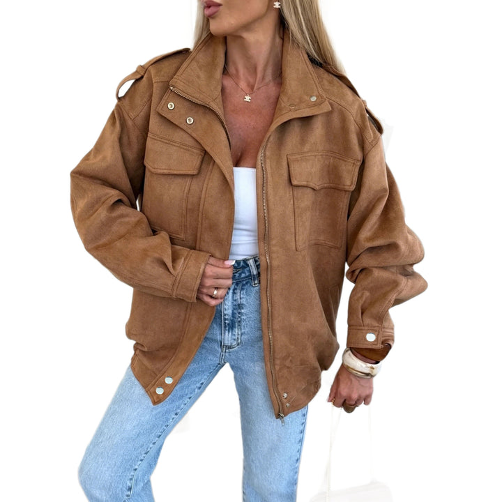 Damen Oversized Jacke in Wildleder-Optik mit Brusttaschen und Epauletten Echoarchiv