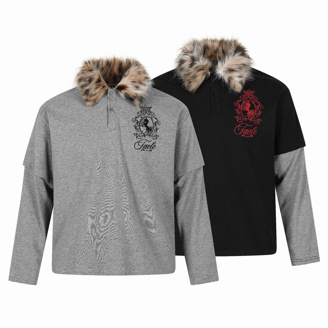 Damen Layered-Optik Langarm-Polo mit Kunstfellkragen und Wappenstickerei Echoarchiv