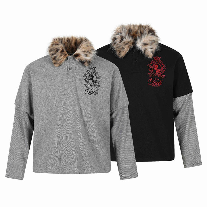 Damen Layered-Optik Langarm-Polo mit Kunstfellkragen und Wappenstickerei Echoarchiv