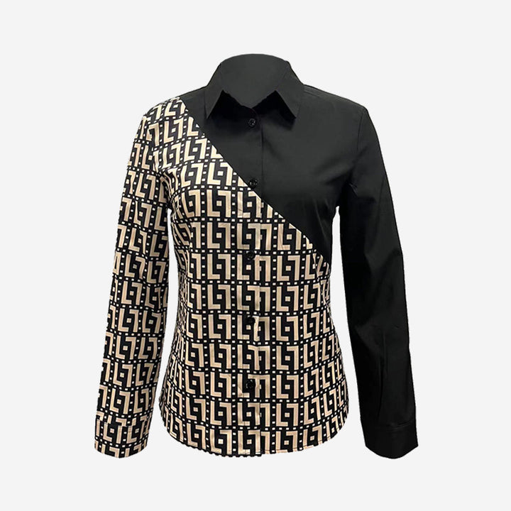 Damen taillierte Hemdbluse mit geometrischem Print und asymmetrischer Kontrastblende – Avérine