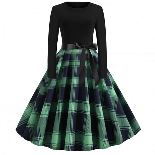 Damen Vintage Tellerrockkleid mit Karo-Tellerrock, figurbetontem Langarmoberteil und Satinschärpe – Valéora