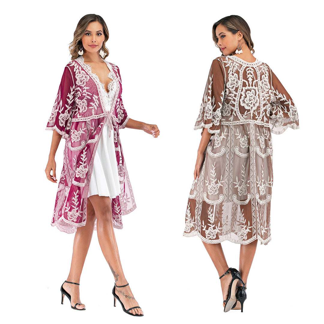 Damen elegante Häkel-Strandrobe mit voluminösen Ärmeln und floralem Design Echo Archiv