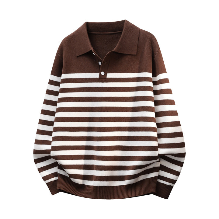 Herren Gestreifter Oversize Polo Strickpullover mit Halbknopfblende und gerippten Abschlüssen Echoarchiv