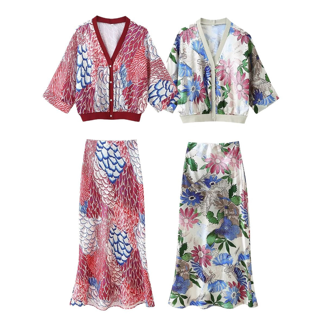 Damen Zweiteiliges Satin-Set mit floral bedruckter Kurzjacke und Bias‑Cut Midirock Echo Archiv