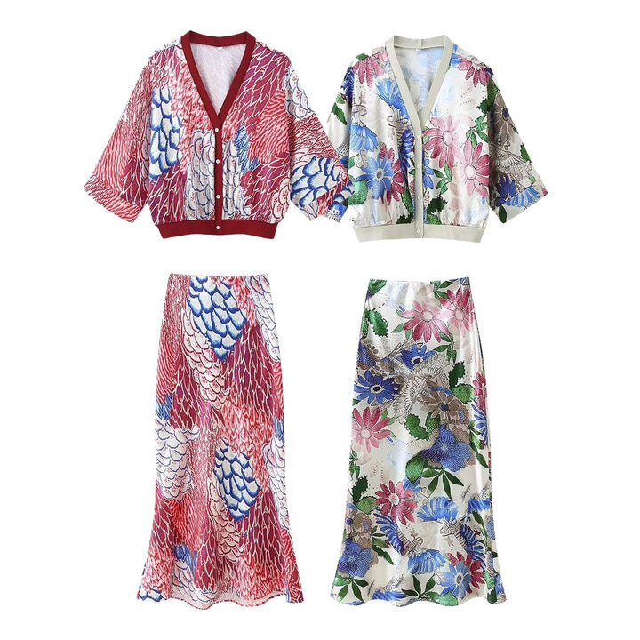 Damen Zweiteiliges Satin-Set mit floral bedruckter Kurzjacke und Bias‑Cut Midirock Echo Archiv