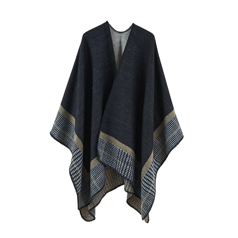 Damen Wollmix-Poncho im asymmetrischen Zipfelschnitt mit eingewebter Karobordüre – Avérine
