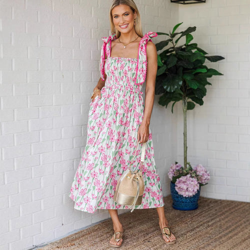 Damen Sommerkleid mit Raffung und schulterlangen Bindebändern Echo Archiv