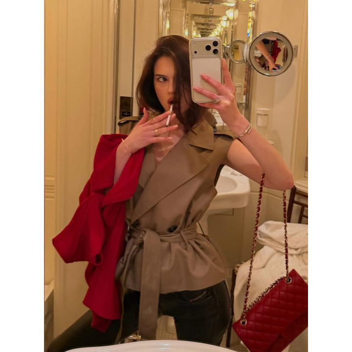 Damen Ärmellose taillierte Trench‑Weste mit Bindegürtel & Schulterpatten Echoarchiv