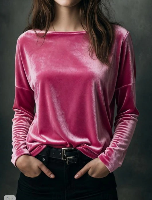 Damen Feines Velours-Langarmshirt mit U-Boot-Ausschnitt und kastiger Silhouette Echoarchiv