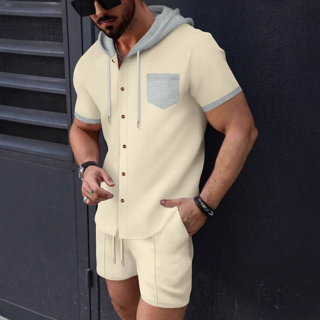 Herren lässiges Kurzarmhemd und Shorts-Set mit Kapuze und modischen Akzenten Echoarchiv