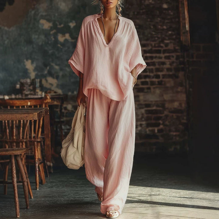 Damen nan lässiges zweiteiliges Leinenoptik-Set mit tiefem V-Ausschnitt, Oversize-Bluse und weitem Palazzo-Hosen Echo Archiv