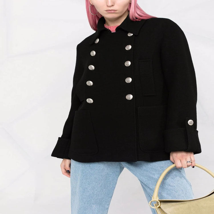 Damen Kurzer Boxy‑Wollmix‑Mantel im Military‑Look mit Zierrundknöpfen Echoarchiv