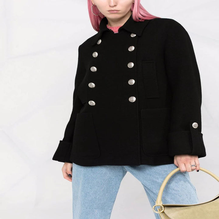 Damen Kurzer Boxy‑Wollmix‑Mantel im Military‑Look mit Zierrundknöpfen Echoarchiv