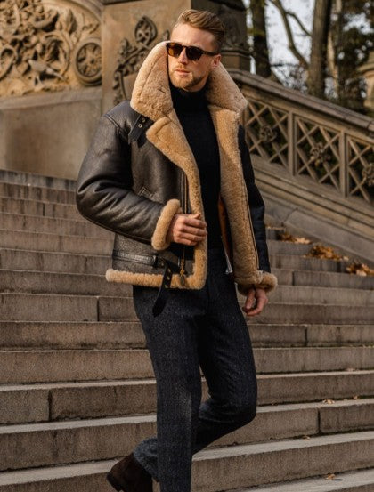 Herren robuste Lederjacke mit warmem Plüschkragen Echoarchiv
