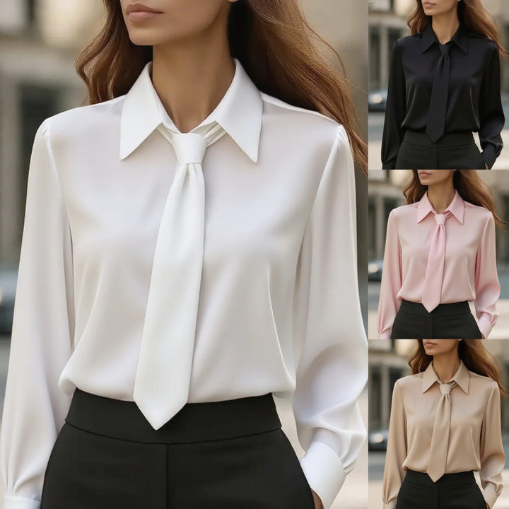 Damen Seidige Business Bluse mit Hemdkragen und integrierter Schleife Echoarchiv