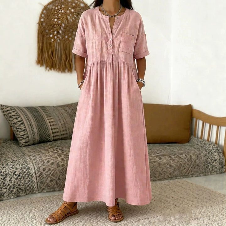Damen Langes Boho‑Maxikleid mit Henley‑Knopfleiste, Brusttasche und seitlichen Eingrifftaschen Echoarchiv