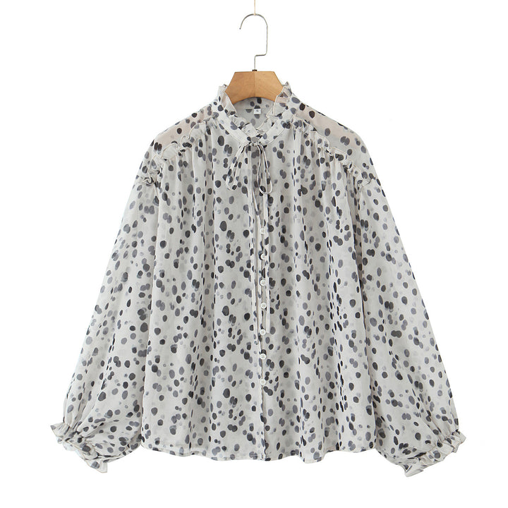 Damen Chiffonbluse mit Volant-Stehkragen, Bindeband, Knopfleiste und ballonförmigen Ärmeln – Élovi