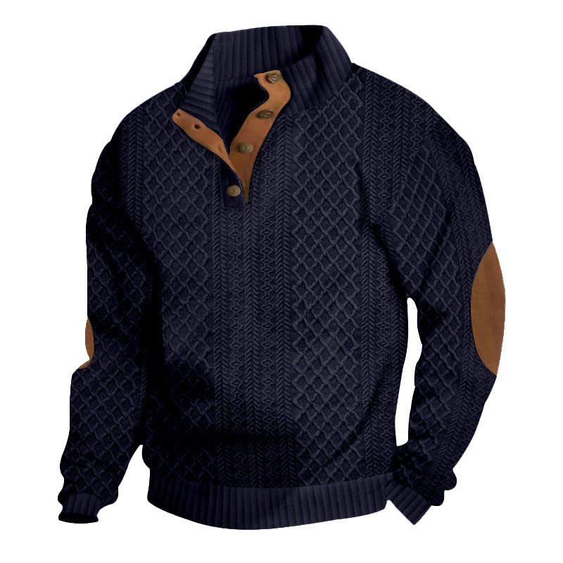 Herren nan gehobener Strickpullover mit Rautenmuster, hohem Rippkragen, knöpfbarer Latzleiste und Lederbesatz an Ellenbogen Echo Archiv