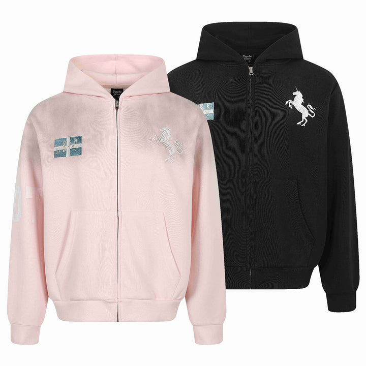 Damen Zip-Hoodie mit gesticktem Einhorn-Motiv und Musikpatch Echoarchiv