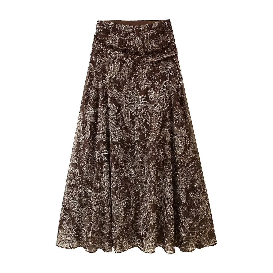 Damen ausgestellter Maxirock mit hoher Taille, gefaltetem Bund und Paisley‑Print – Valéora