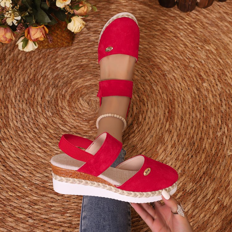Damen  Espadrille-Keilpantoletten mit elastischem Fersenriemen, Veloursoptik-Obermaterial und geflochtenem Jute-Plateau Echo Archiv