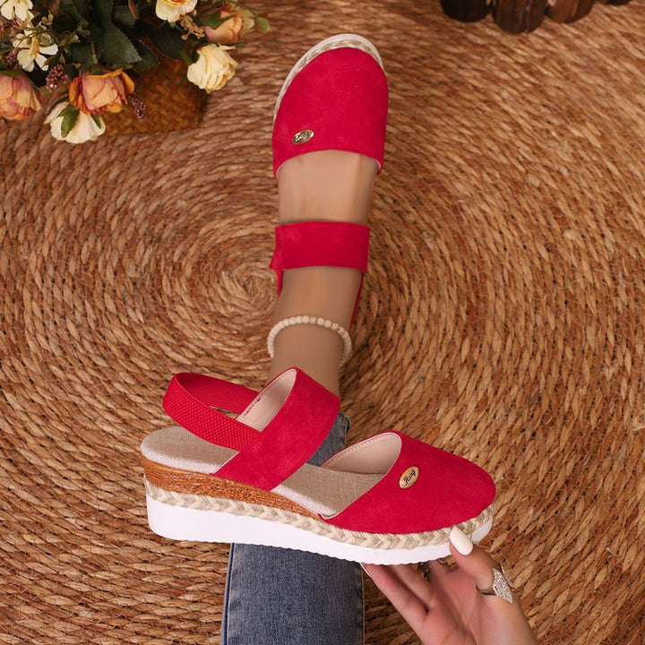 Damen  Espadrille-Keilpantoletten mit elastischem Fersenriemen, Veloursoptik-Obermaterial und geflochtenem Jute-Plateau Echo Archiv
