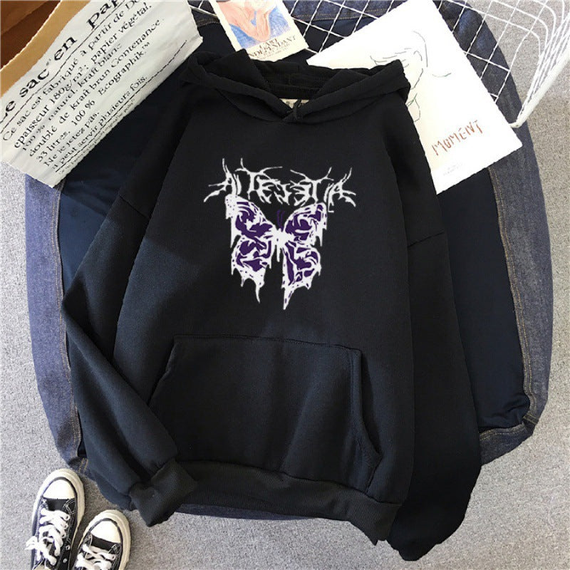 Damen Oversize-Kapuzenpullover mit gothischer Schmetterlings-Illustration und Kängurutasche – Auréline