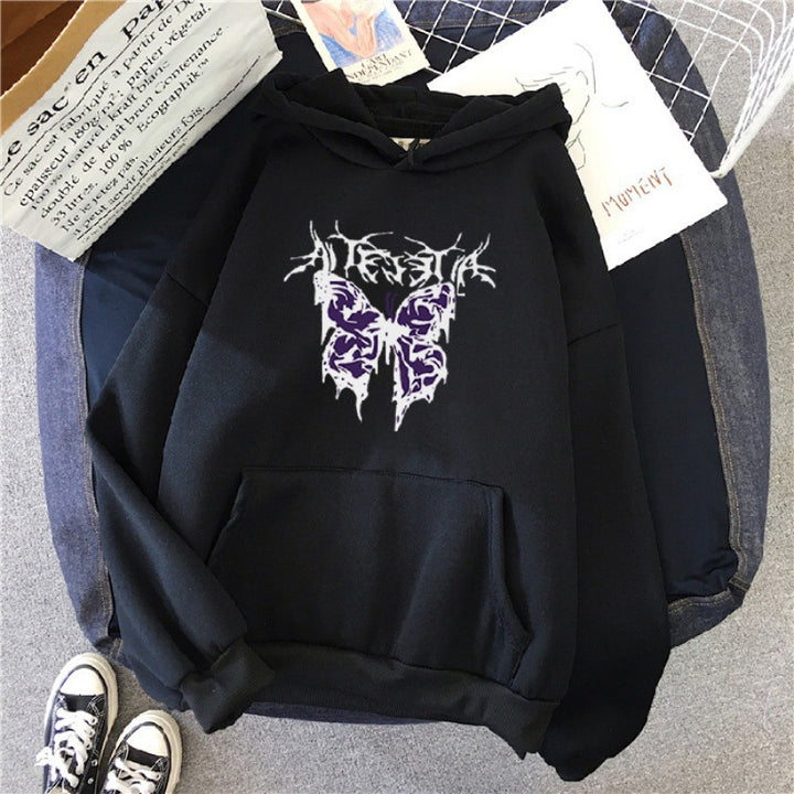 Damen Oversize-Kapuzenpullover mit gothischer Schmetterlings-Illustration und Kängurutasche – Auréline