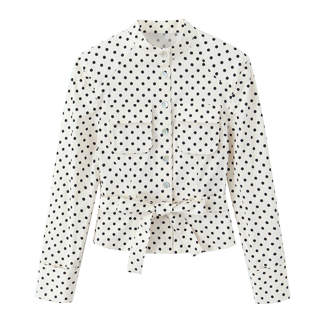 Damen Bluse mit Stehkragen, Taillengürtel und Brusttaschen Echo Archiv