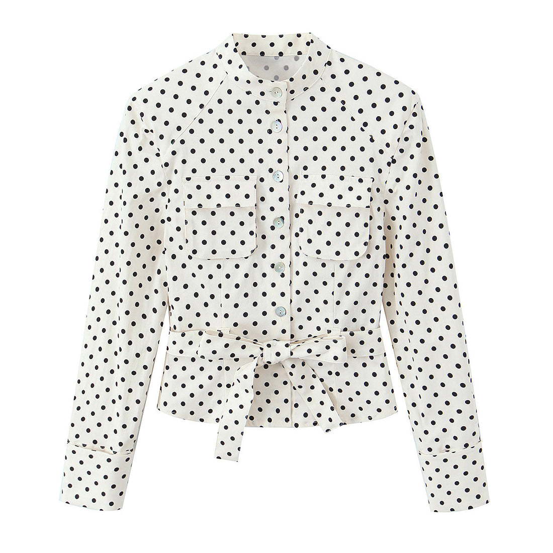 Damen Bluse mit Stehkragen, Taillengürtel und Brusttaschen Echo Archiv
