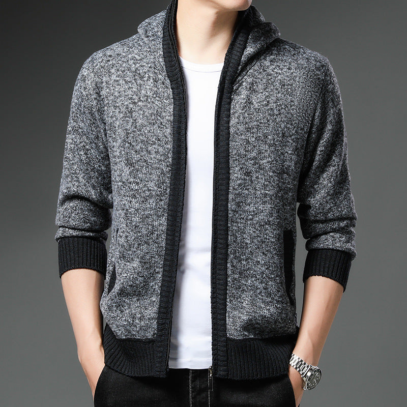 Herren Moderne Strickjacke mit Kapuze und schwarz-weißen Akzenten Echoarchiv
