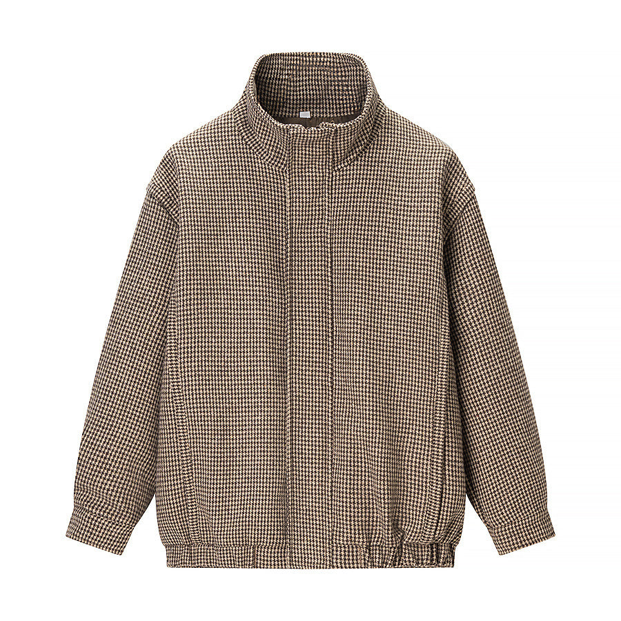 Damen Kurze Boxy-Übergangsjacke im Hahnentritt mit Stehkragen und Gummibund Echoarchiv