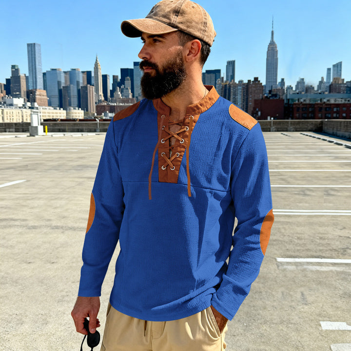 Herren Waffelstrick-Langarmshirt mit Schnürung und Kunstvelours-Ellbogenpatches – Cavarno