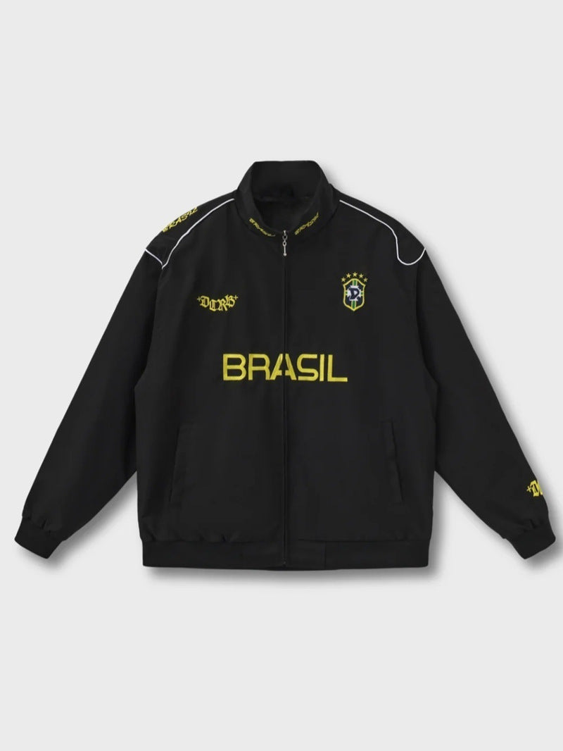 Unisex nan sportliche Retro-Trainingsjacke mit Stehkragen Reißverschluss Brustemblem und Brasilien-Schriftzug Echo Archiv
