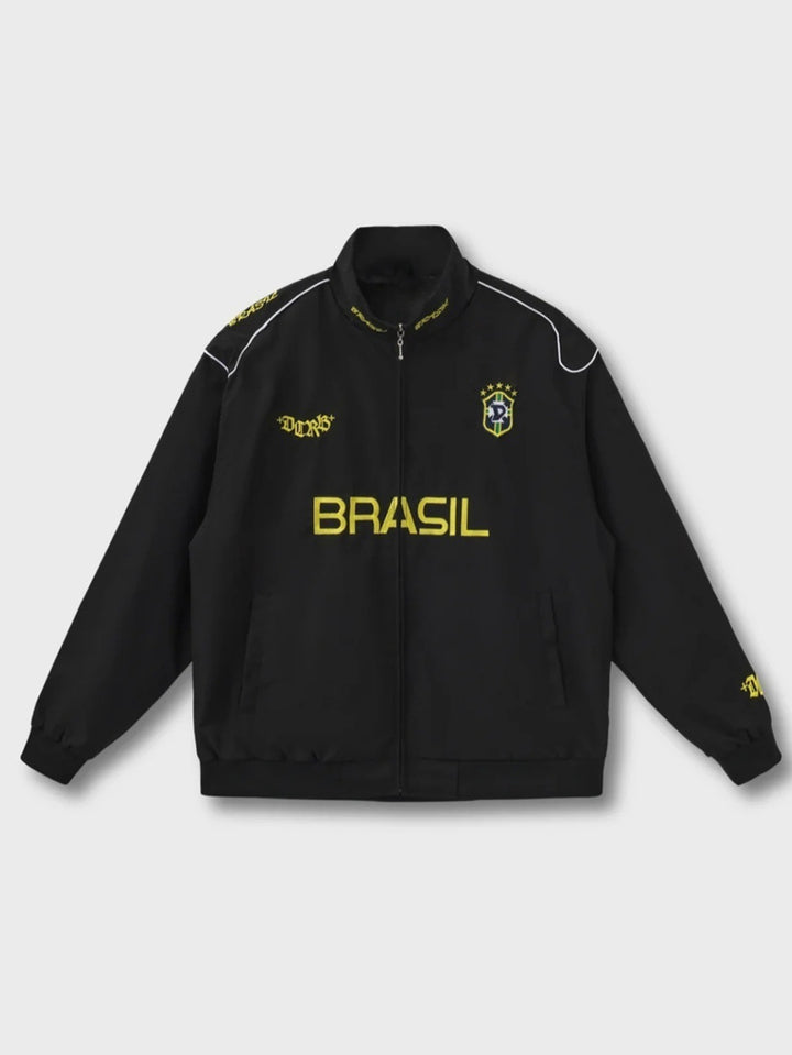Unisex nan sportliche Retro-Trainingsjacke mit Stehkragen Reißverschluss Brustemblem und Brasilien-Schriftzug Echo Archiv