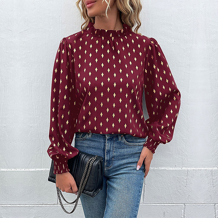 Damen Elegante Rüschen-Stehkragen-Bluse mit Puffärmeln und Smokbündchen Echoarchiv
