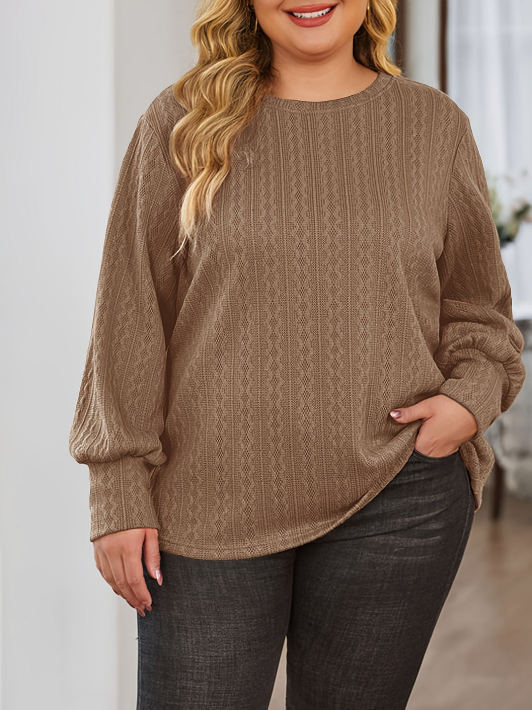 Damen Texturierter Oversize-Strickpullover mit Rundhalsausschnitt und Ballonärmeln Echoarchiv