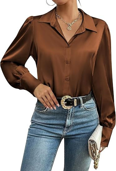 Damen Seidenoptik-Bluse mit Hemdkragen, verdeckter Knopfleiste und langen Manschetten – Élovi