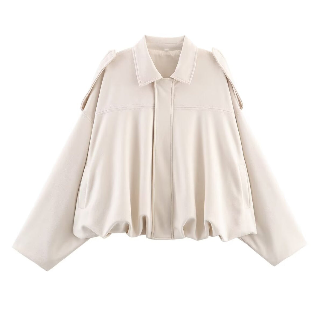 Damen Oversized Cropped Jacke in Wildlederoptik mit Cut-Out-Schultern und Tunnelzugsaum Echoarchiv