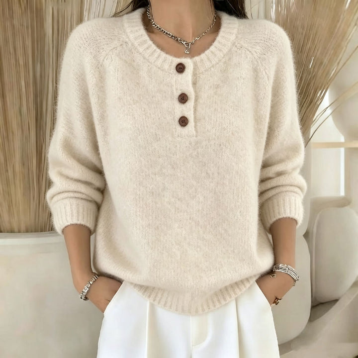 Damen Kuscheliger Rundhals-Henley-Pullover mit Knopfleiste und Raglanärmeln – Mavelle