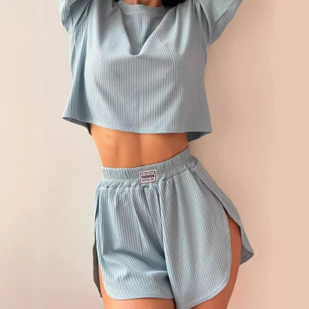 Damen Lässiges Short-Pyjama-Set Aus Atmungsaktiver Rippstruktur Echoarchiv
