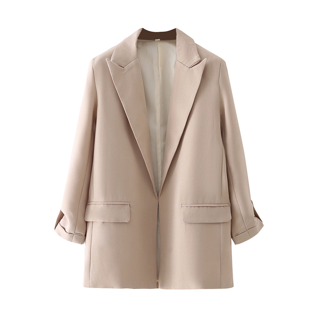 Damen lang geschnittener Oversize-Blazer mit weitem Revers aufgesetzten Pattentaschen und krempelbaren Ärmeln – Valéne